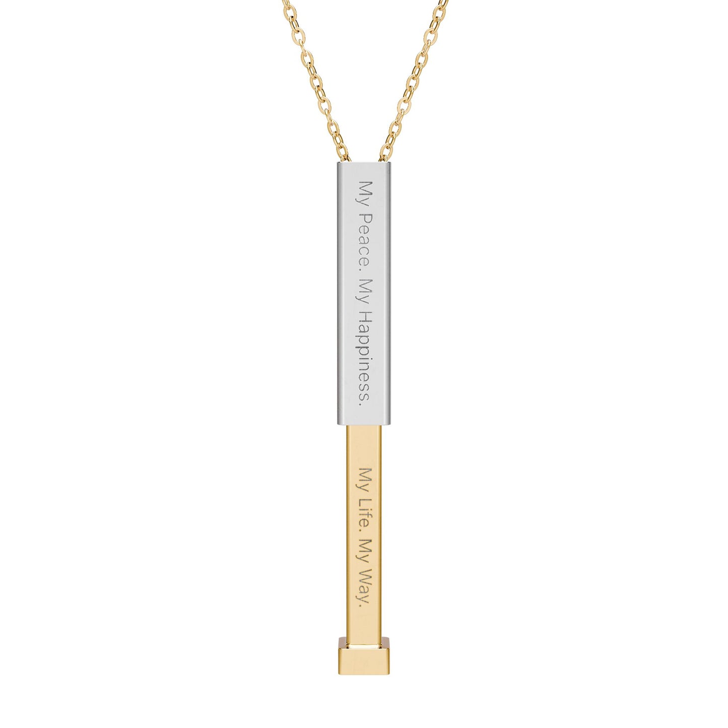 "My Peace. My Happiness." Engravable Sliding Bar Necklace — Hidden Message "My Life. My Way." Sliding Pendant