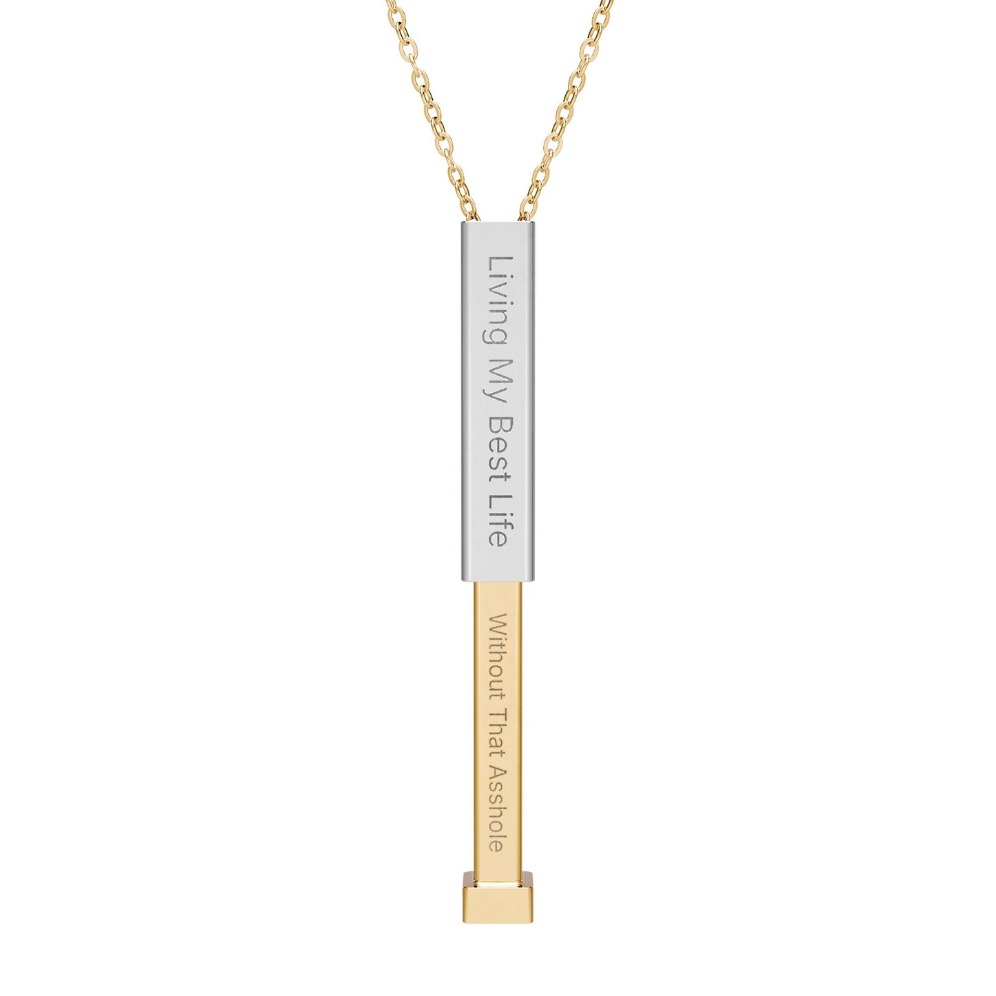 "Living My Best Life" Sliding Bar Necklace — Engraved Secret Message "Without That Asshole" Pendant